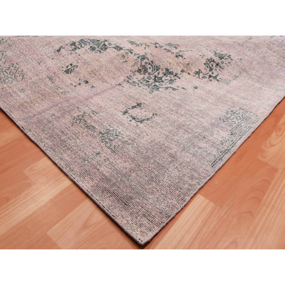 Pink and Gray, Hand Knotted Erased Persian Design, Pure Silk Rug, 8'9"x12'2"