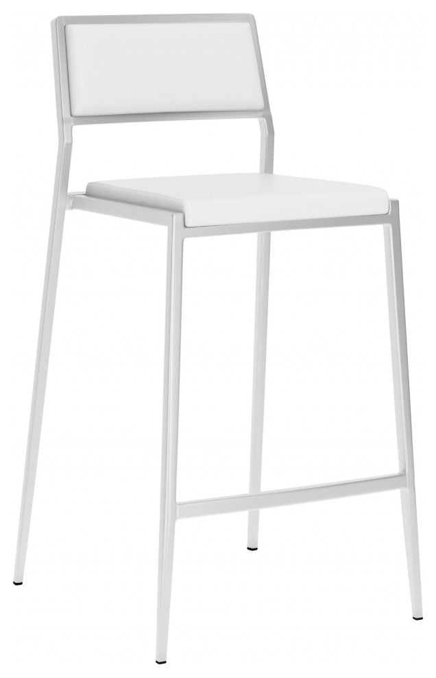 Set of Two White Faux Leather and Stainless Low Back Counter Stools