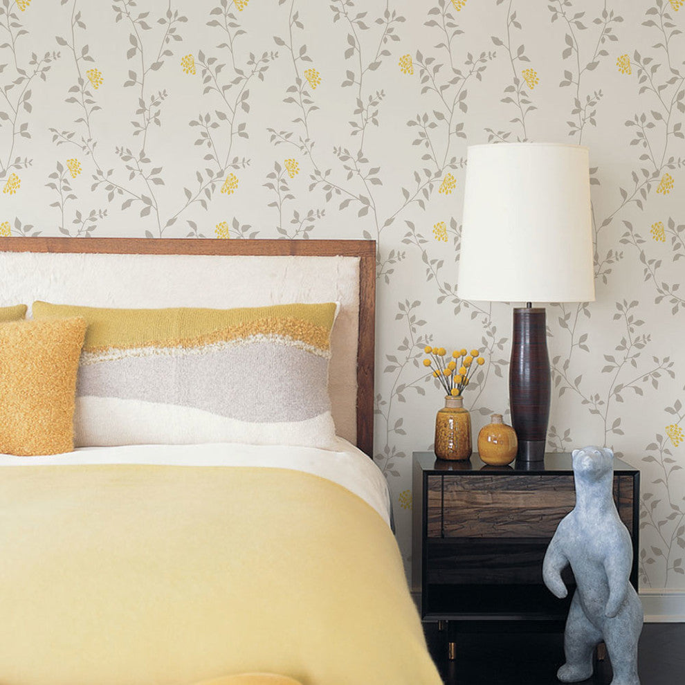 Branch Flower Peel and Stick Vinyl Wallpaper, Light Gray/Yellow, 24"w X 108"h