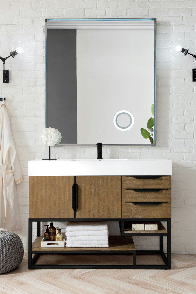 Columbia 48" Single Vanity, Latte Oak, Matte Black, Glossy White Composite Top