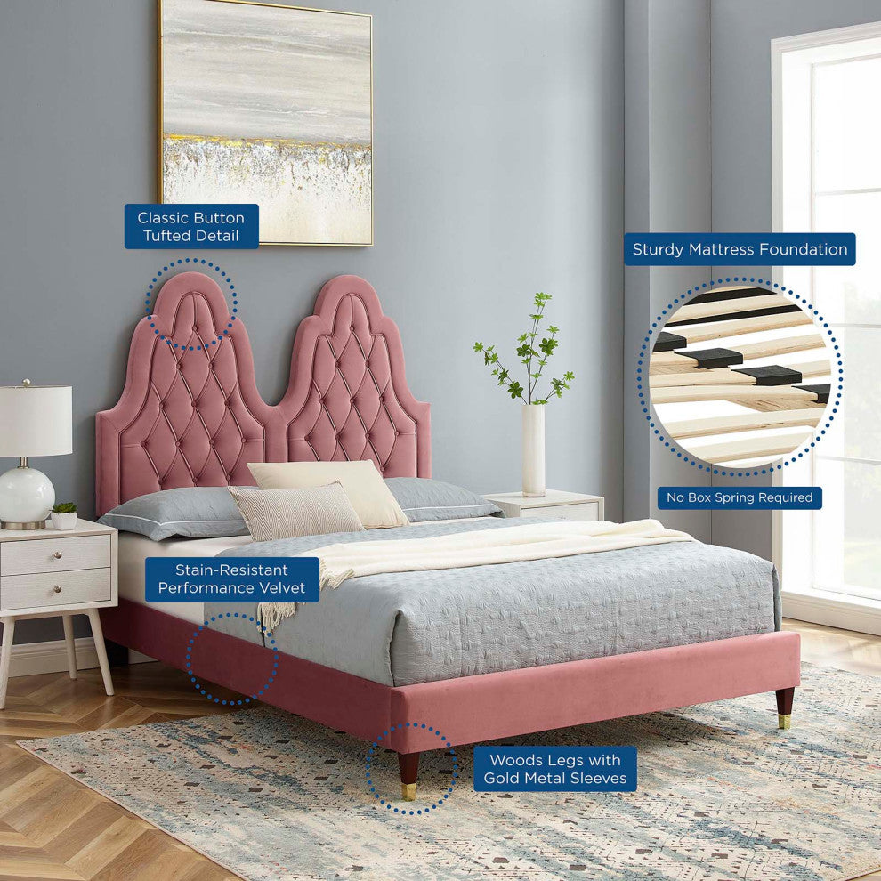 Tufted Platform Bed Frame, Twin Size, Velvet, Pink, Modern Contemporary, Bedroom