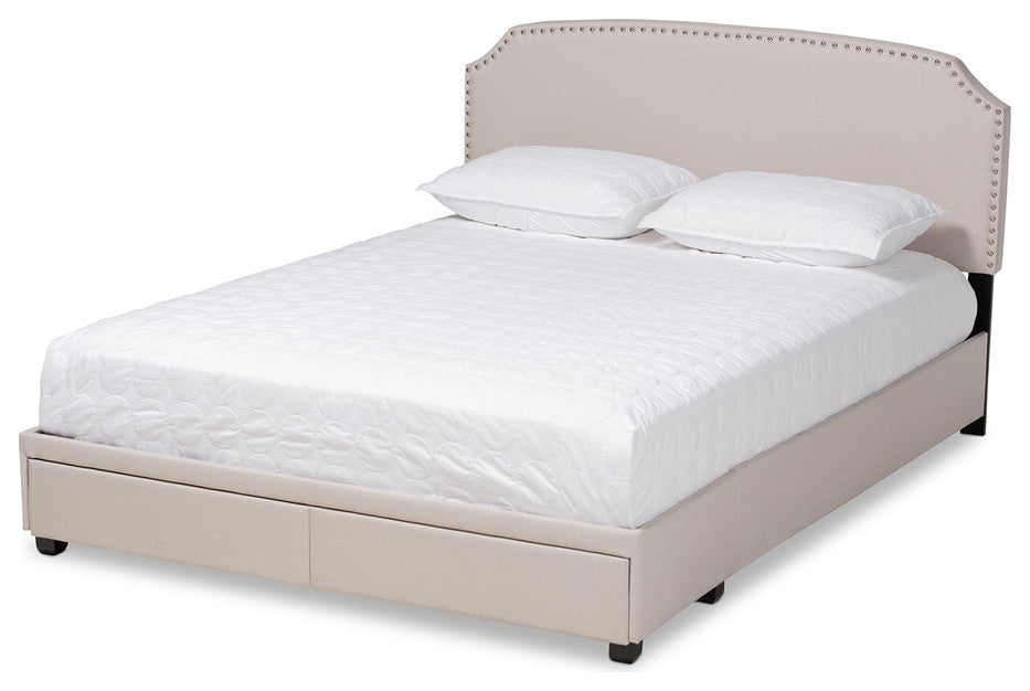 Beige Fabric Upholstered 2-Drawer King Size Platform Storage Bed