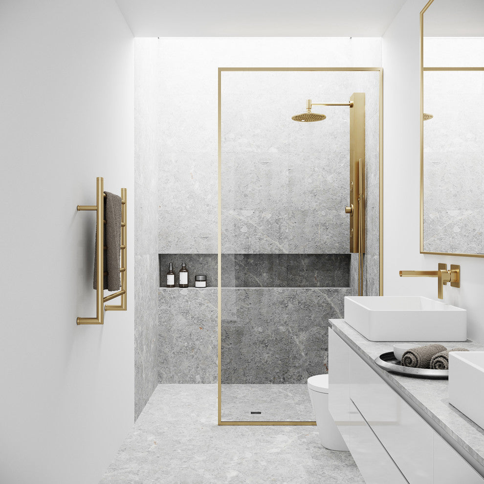 VIGO Meridian Framed Fixed, Matte Brushed Gold, Shower Screen, 34" W X 74" H, Clear Glass