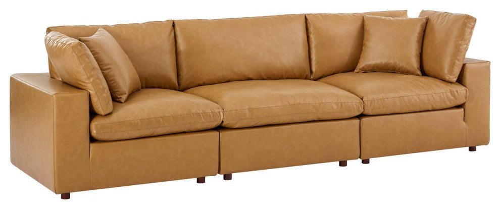 Commix Down Filled Overstuffed Vegan Leather 3-Seater Sofa - Tan