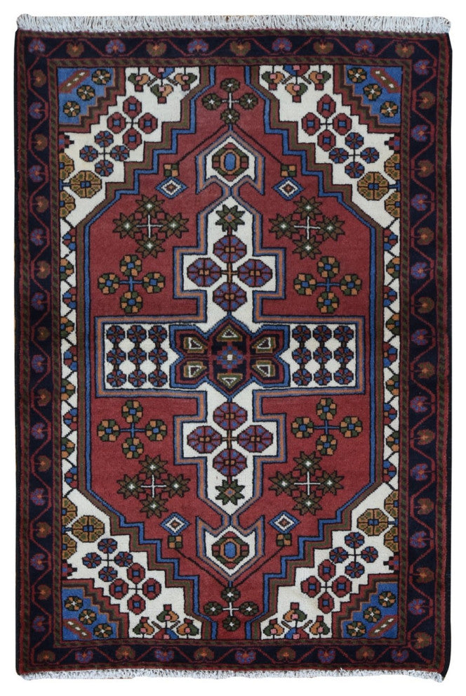 Red Vintage Bohemian Persian Hamadan Pure Wool Hand Knotted Rug 3'5" x 5'