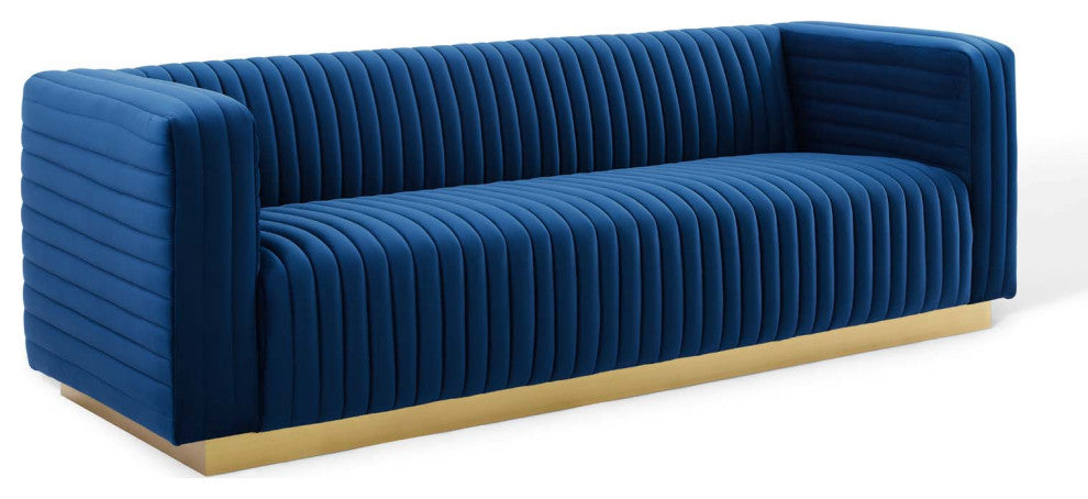 Charisma Channel Tufted Performance Velvet Living Room Sofa - Navy