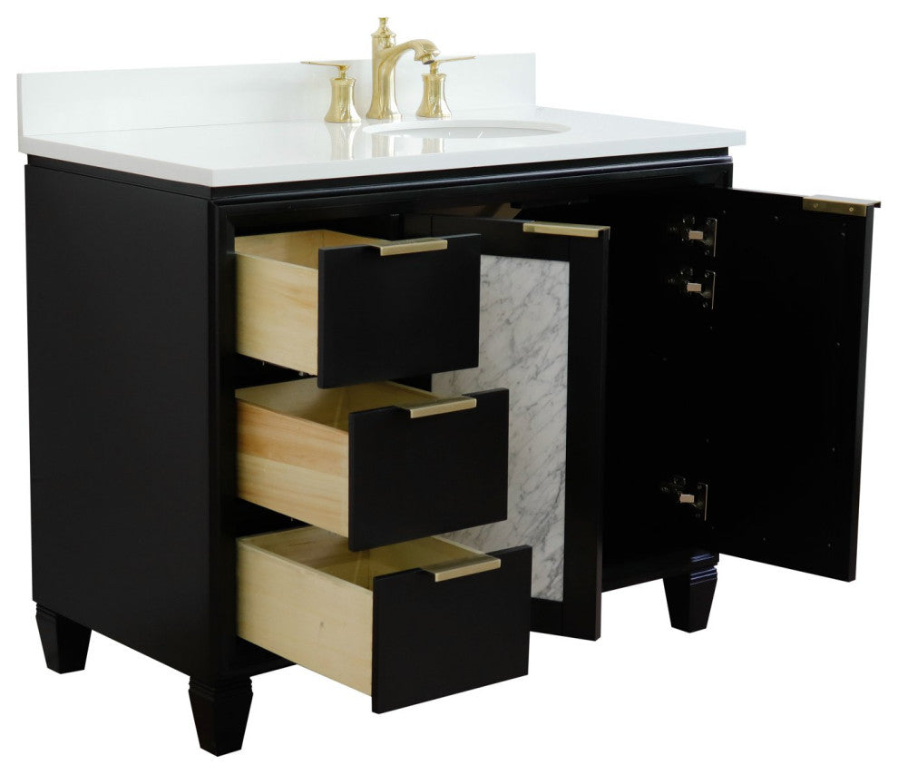 43" Single Vanity, Black Finish With White Engineered Stone Top