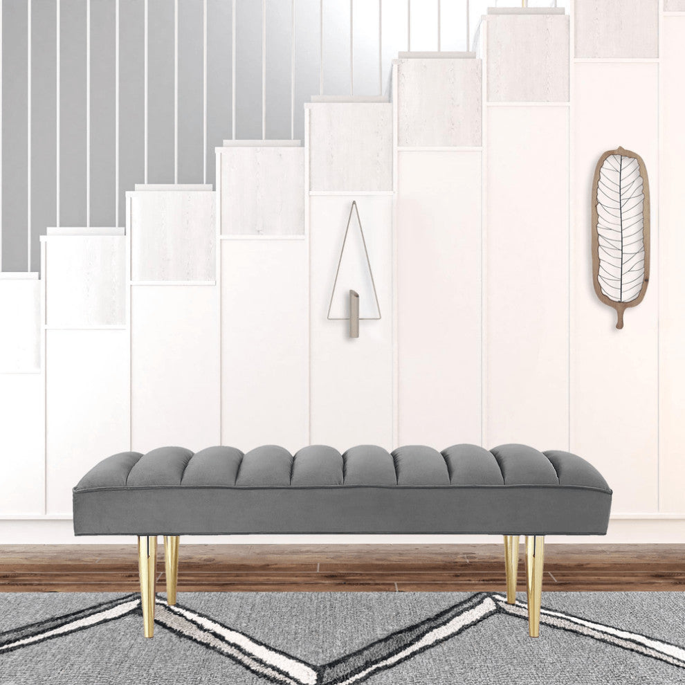 53" Light Gray And Gold Upholstered Velvet Bench