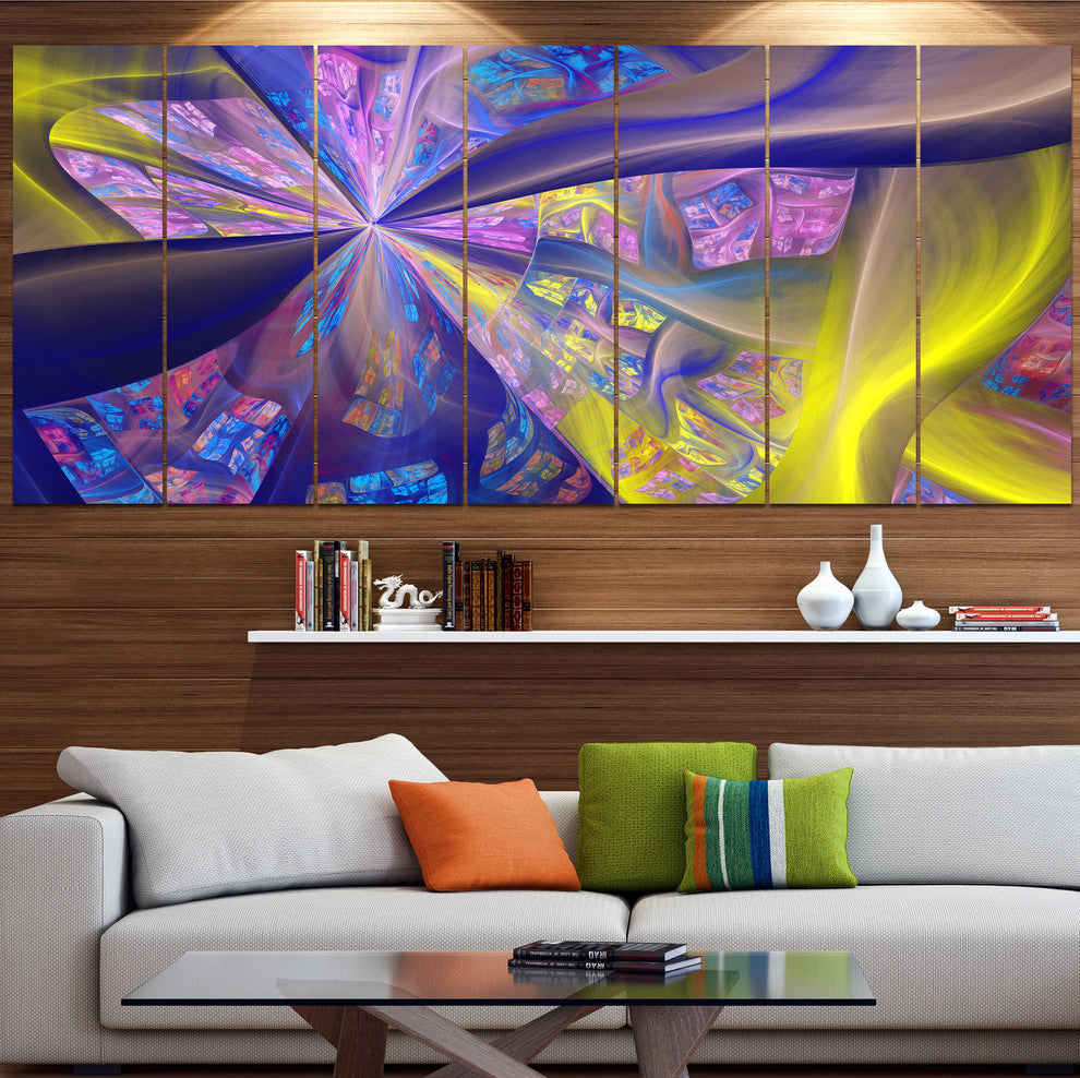 Purple Yellow Fractal Curves, Abstract Canvas Art Print, 83"x32", 7 Panels