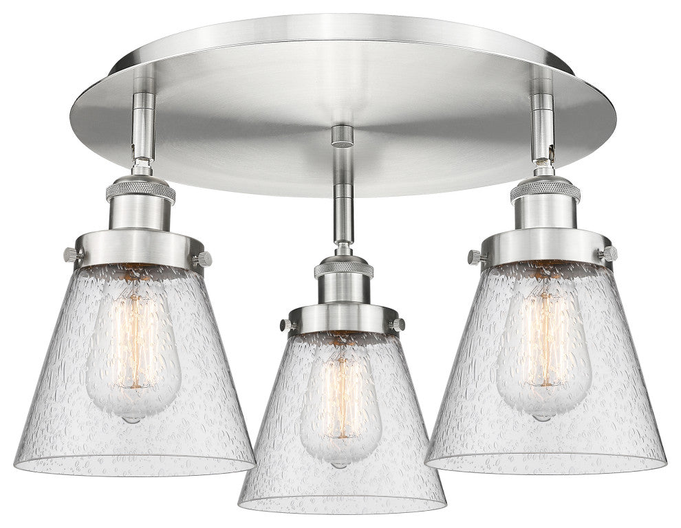 Cone-3 Light 18" Flush Mount-Satin Nickel, Seedy Glass Shade
