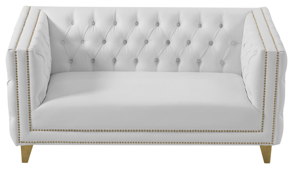 Michelle Fabric Upholstered Chair, Gold Iron Legs, White, Vegan Leather, Loveseat
