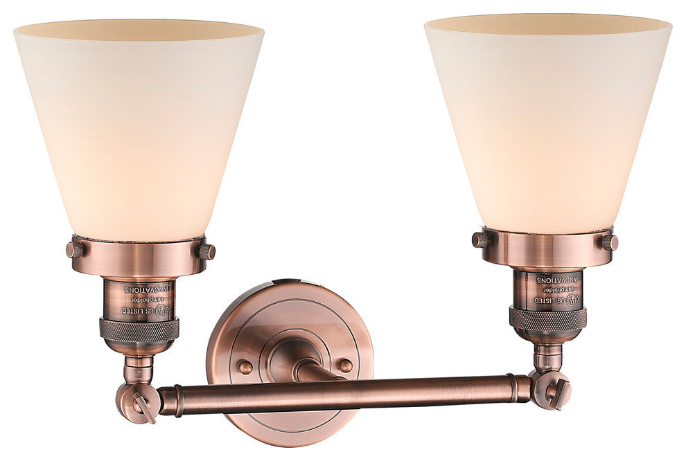 Small Cone 2-Light Bath Fixture, Matte White Cased Glass, Antique Copper