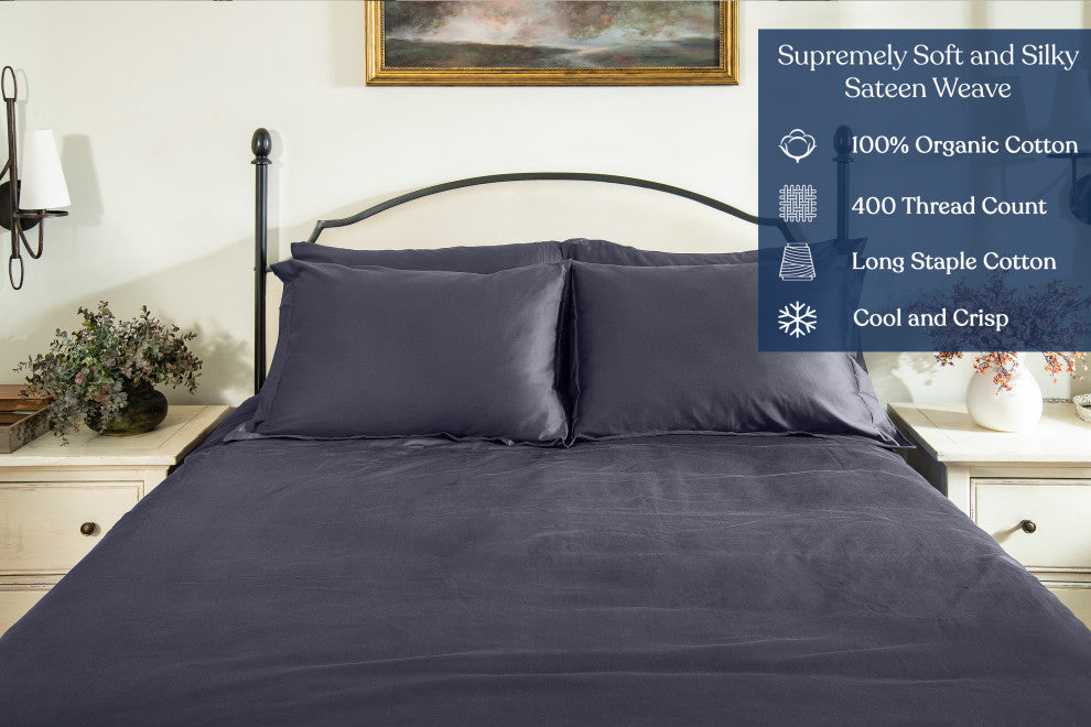 Delara GOTS 100% Organic Cotton Pillowcase Set of 2 400TC, Dark Gray, King, 21"x36"