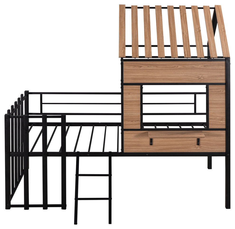 Gewnee Metal Twin size Loft Bed with Roof, Window, Guardrail, Ladder in Black