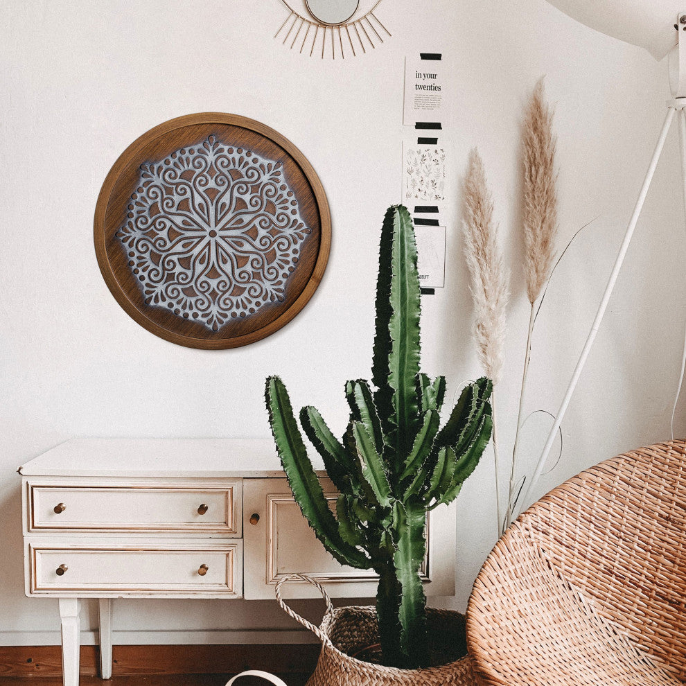American Art Decor Boho Rustic Farmhouse Wood Framed Wall Medallion Brown, White