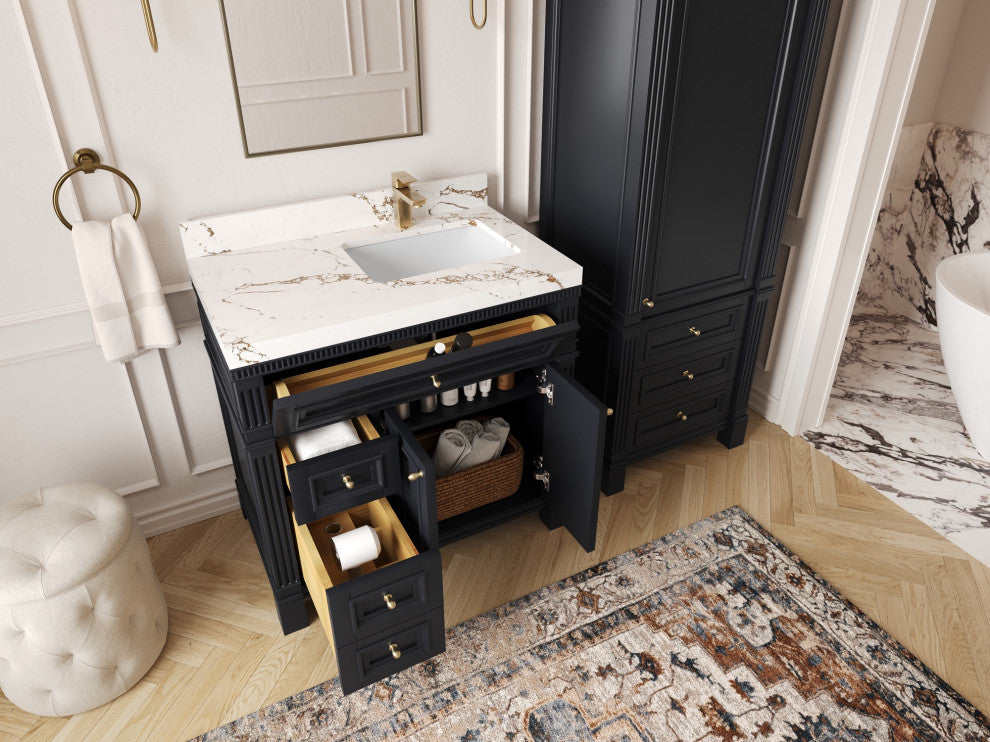 Paris 36" Right Offset Bathroom Vanity, Black 2" Calacatta Gold