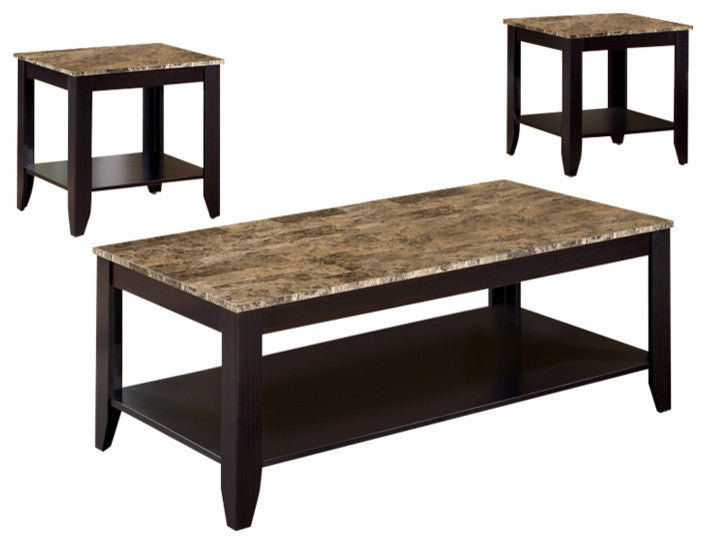 Benzara BM156358 Artistic 3 Piece Occasional Table Set With Marble Top, Brown