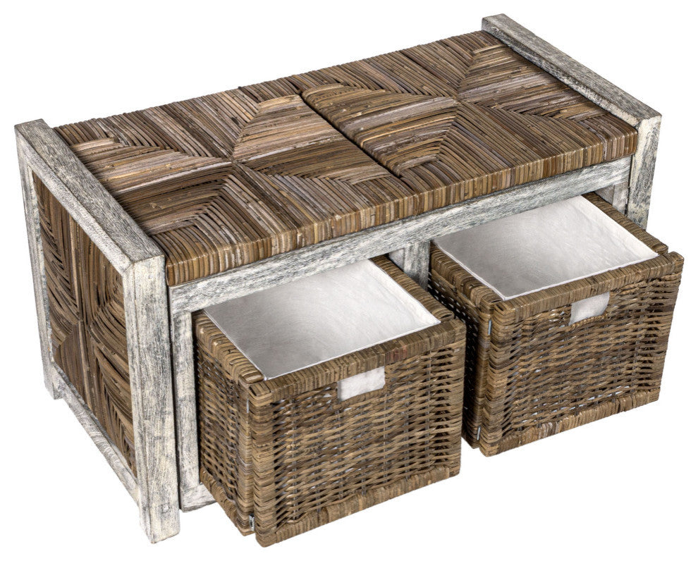 Happimess Rustic 30" 2 Drawer Wicker Storage Bench, Gray