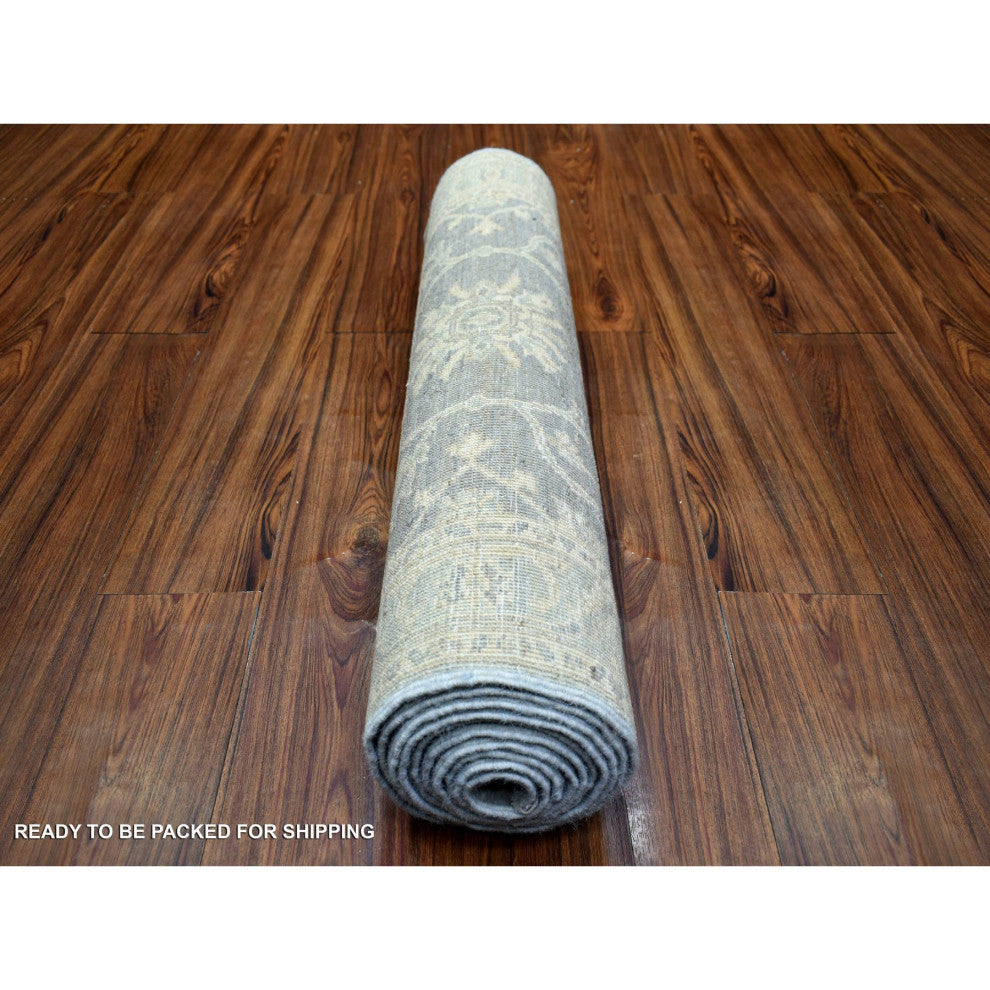 Stone Gray Extra Soft Wool Hand Knotted, Fine Peshawar Runner Rug, 2'9"x11'5"