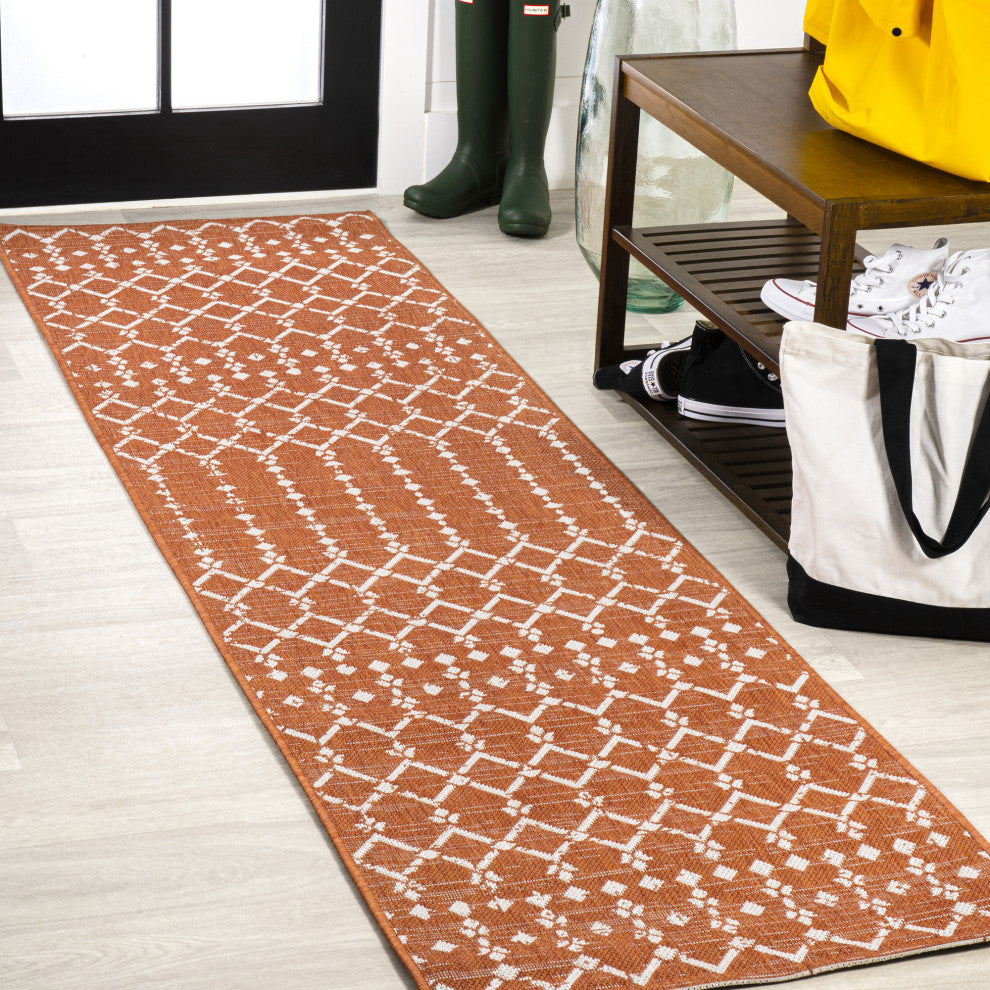 Ourika Moroccan Geometric Indoor/Outdoor Rug, Orange/Cream, 2x10