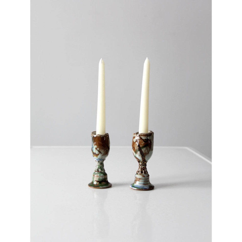 Consigned, Vintage Signed Studio Pottery Candleholders Pair