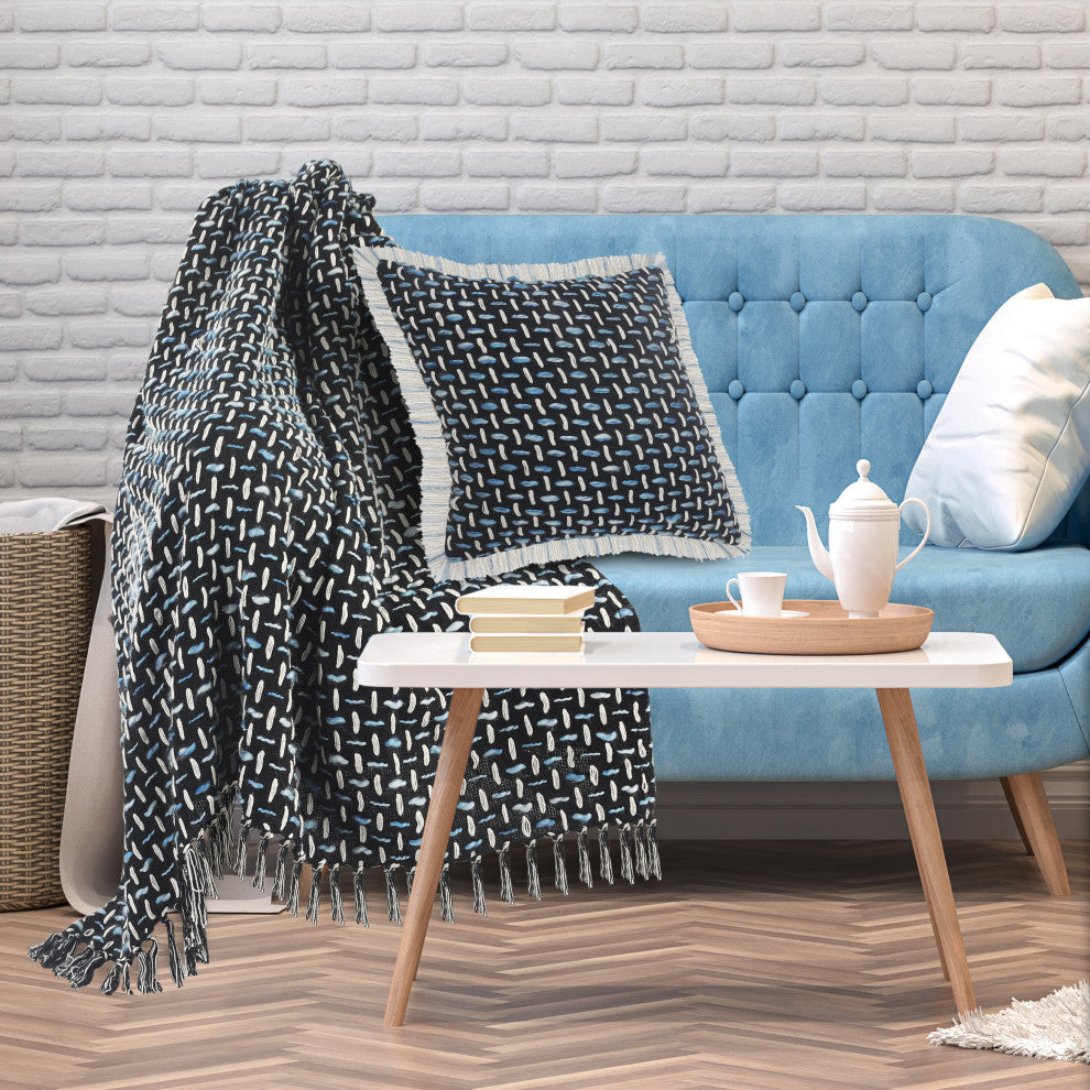 Modern Interwoven Throw Blanket with Fringe, Black/Blue/White
