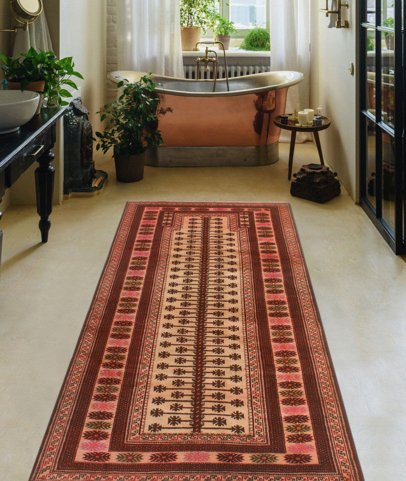 Vintage Distressed Madzimoy Beige/Burgundy Rug, 3'8x7'2
