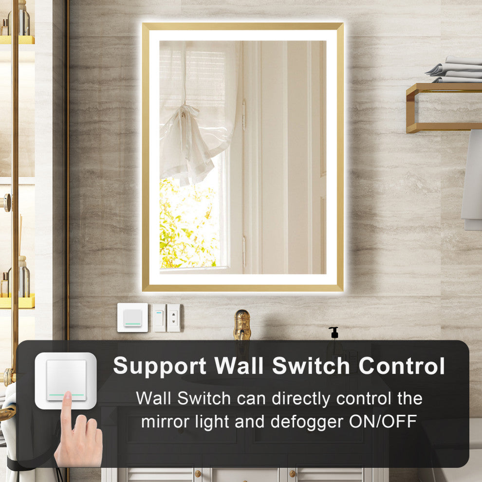 Beveled Bathroom LED Mirror Framed, Backlit and Front Light, Gold, 24"x32"
