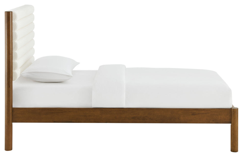 Olea Channel Tufted Boucle Solid Wood Twin Platform Bed, Feather Walnut