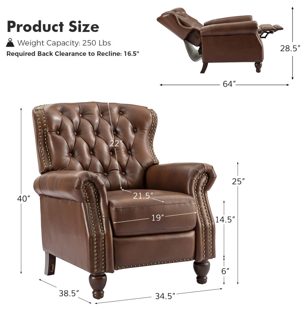 34.5"W Transitional Style Genuine Leather Recliner With Nailhead Trims, Brown