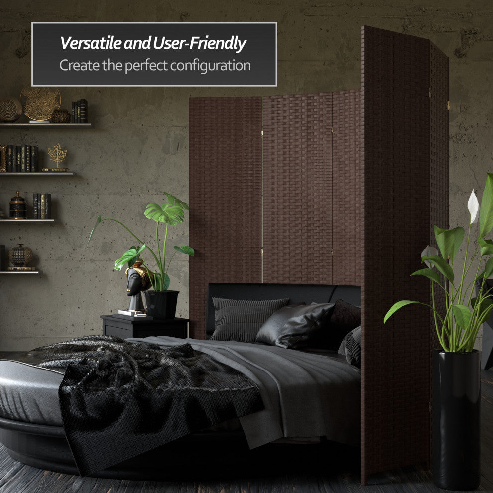 7' Tall Woven Fiber Room Divider, Dark Mocha, 3 Panel