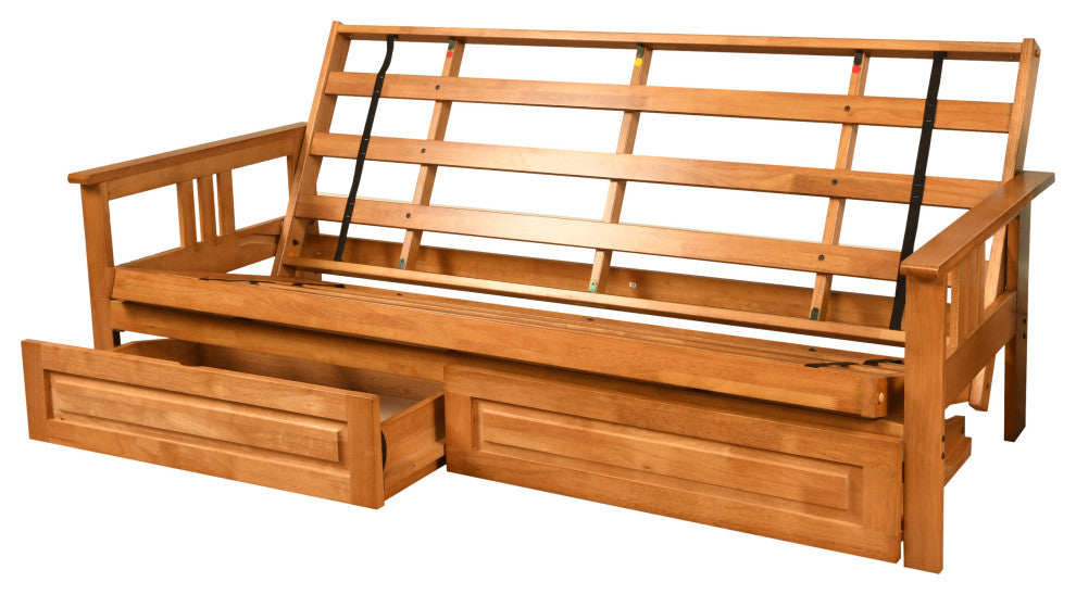 Caleb Frame Futon With Butternut Finish, Storage Drawers, Suede Blue
