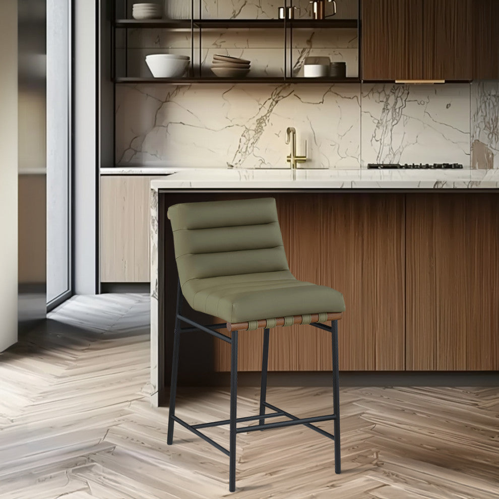 Burke Counter Stool, Green, Vegan Leather, Walnut Veneer Metal Dowel