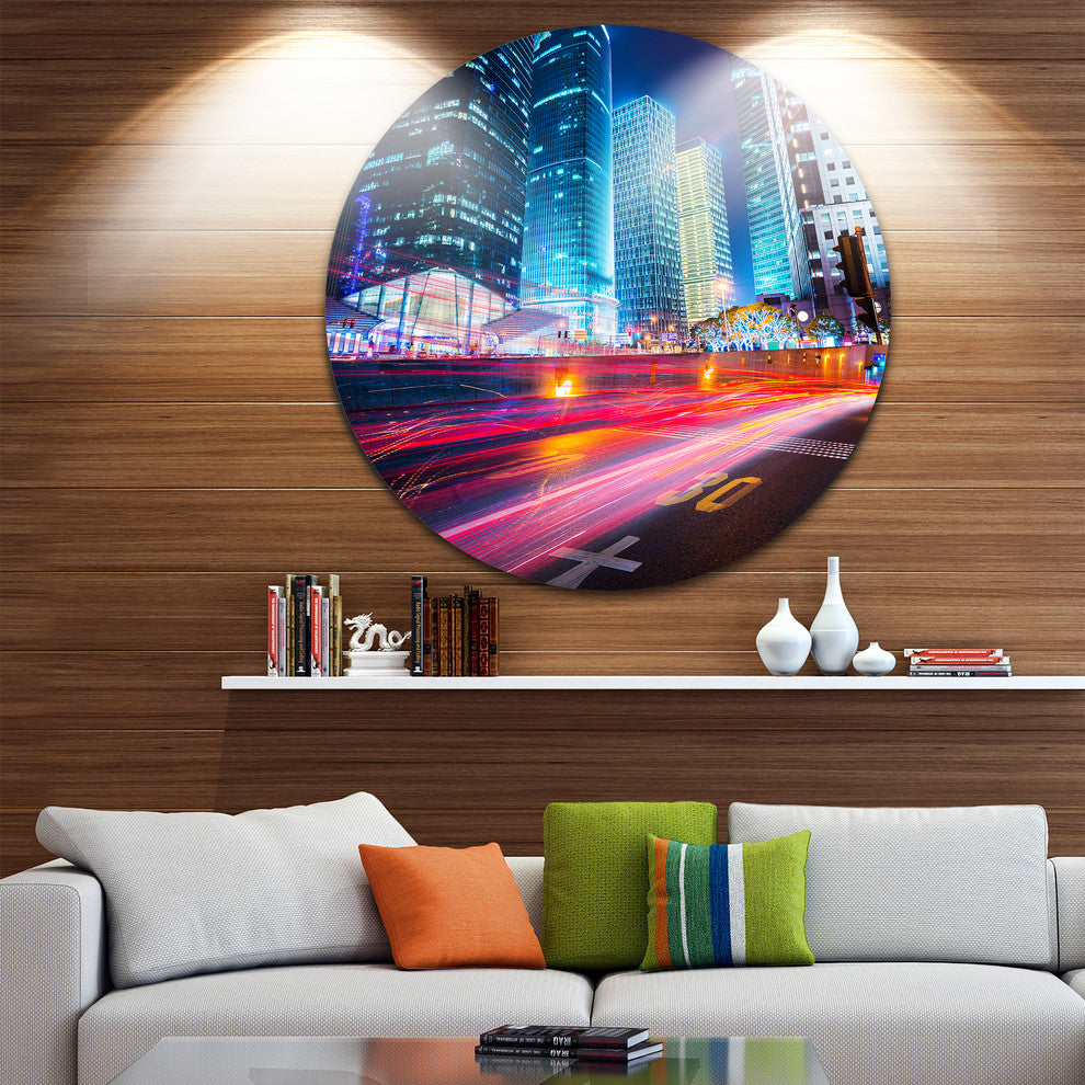 Modern City Night Scene, Cityscape Photo Round Wall Art, 11"