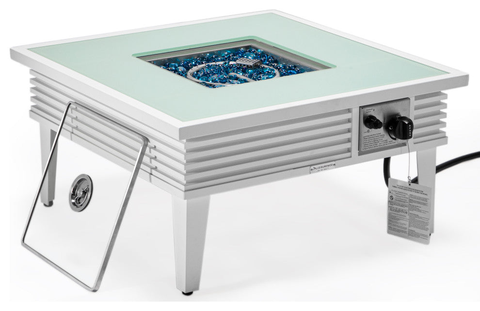 Leisuremod Walbrooke Patio Square Fire Pit Table With Aluminum Slats Frame, White