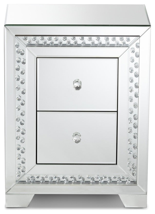Modern Glamour Style Mirrored Two Drawer Nightstand BedSide Table