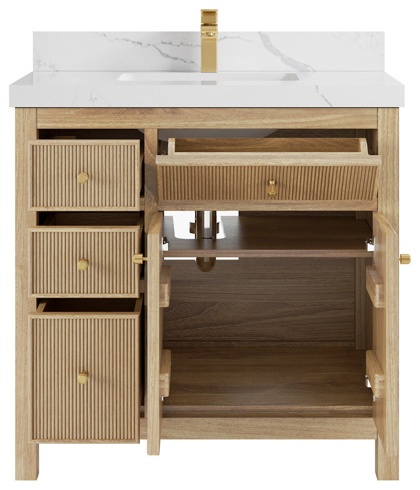 Sonoma 36 Center Sink Bath Vanity in Light Natural Teak with 2" Calacatta Laza