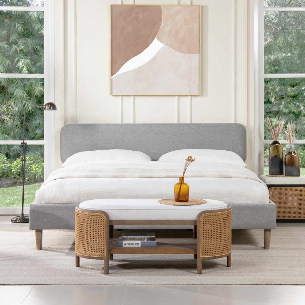 Diego Low Upholstered Platform Bed, Light Gray Polyester, King
