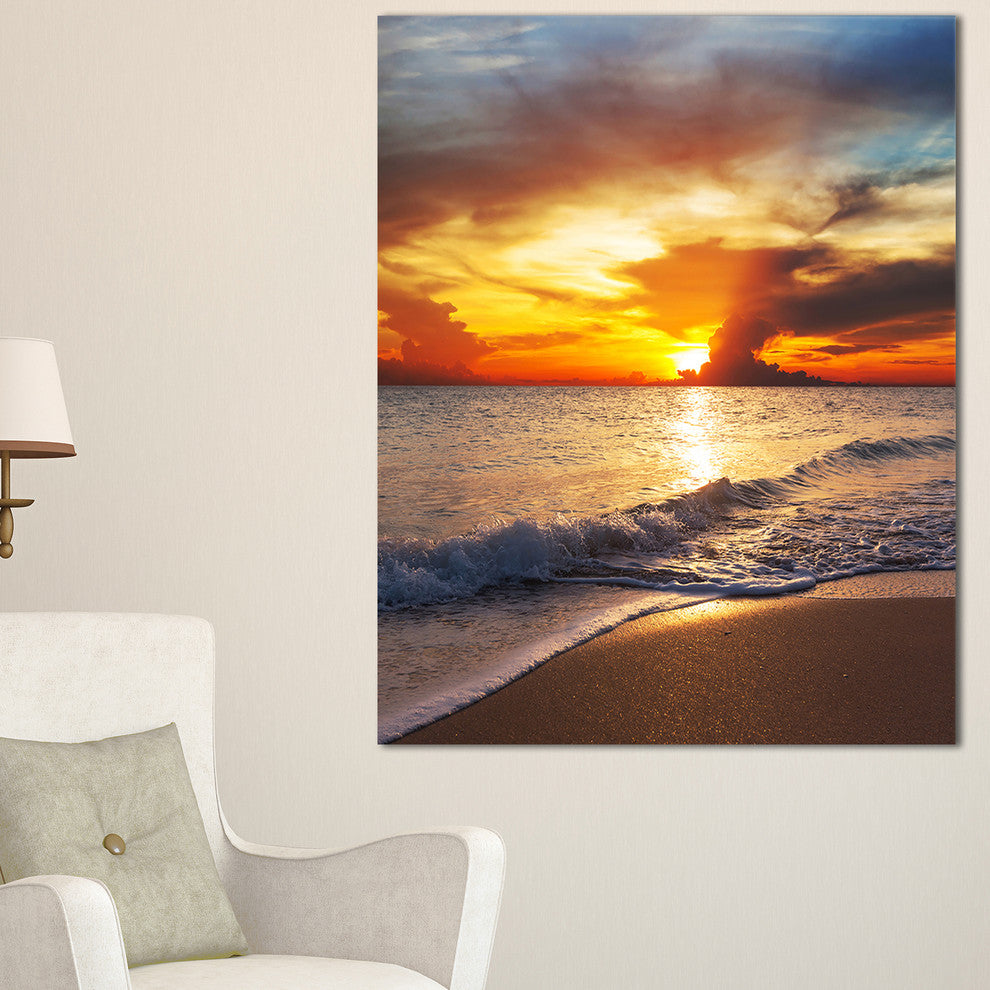 "Yellow Sunset Over Gloomy Beach" Modern Beach Canvas Art Print, 16"x32"