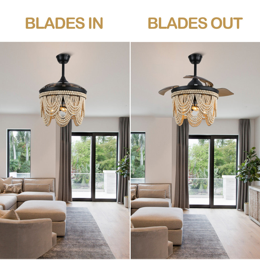 42" BoHo Ceiling Fanlight with Retractable Blades and Wooden Beads Accents, Black