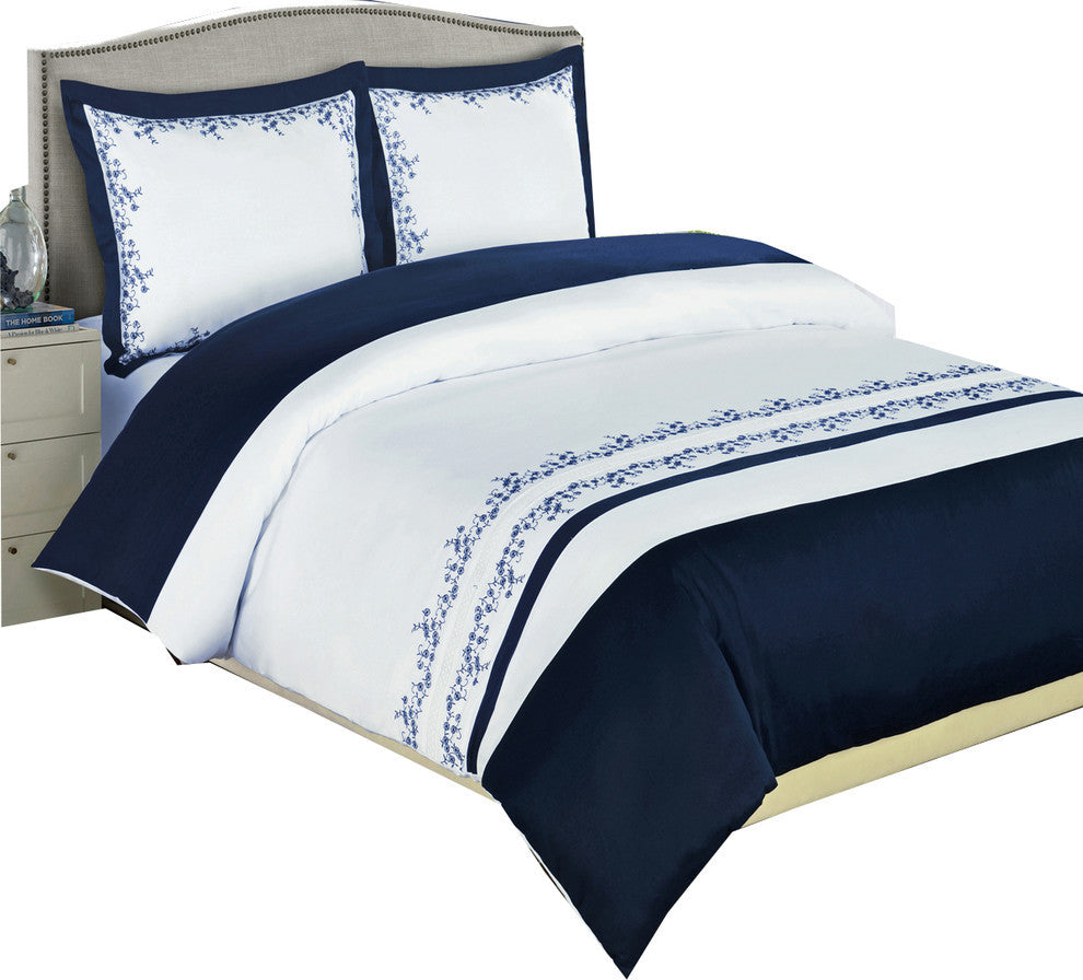 Amalia 100% Cotton Embroidered 8PC Bedding Set, Navy and White, Queen