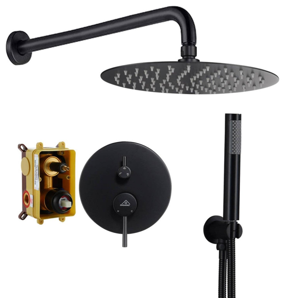 CASAINC 10" Round Wall Mounted Luxury Rain Shower System with Handheld Spray, Matte Black