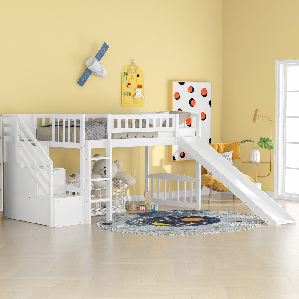 Gewnee Wood Twin Loft Bed with Storage Stairway and Slide in White