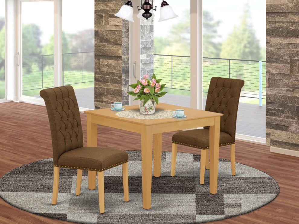 3Pc Dinette Set, Square Table, Two Chairs, Dark Coffee Fabric, Oak Finish