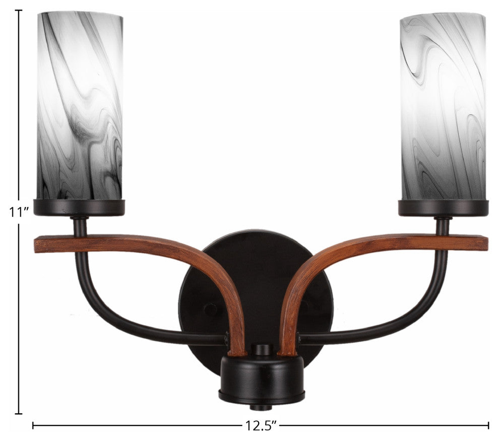 Monterey 2-Light Bath Bar, Matte Black & Painted Wood-look, Onyx Swirl Glass