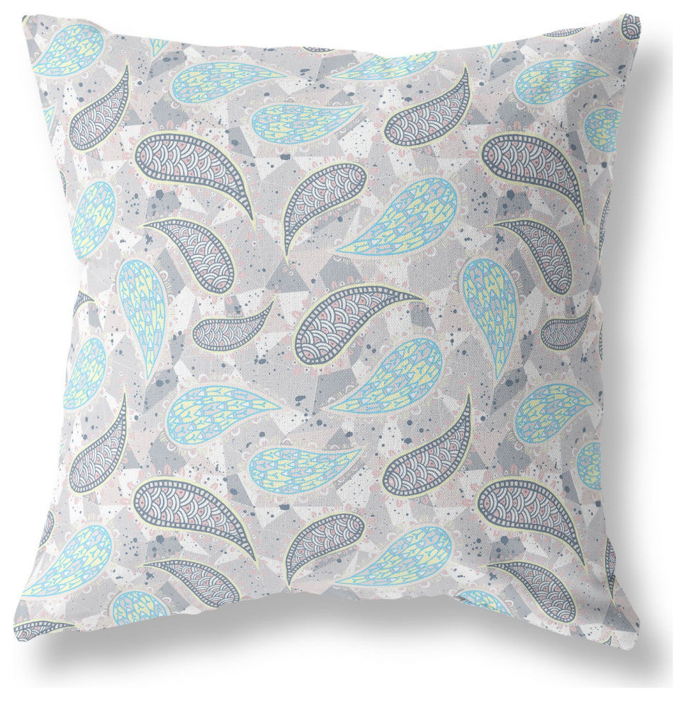 26" Gray Turquoise Boho Paisley Indoor Outdoor Throw Pillow