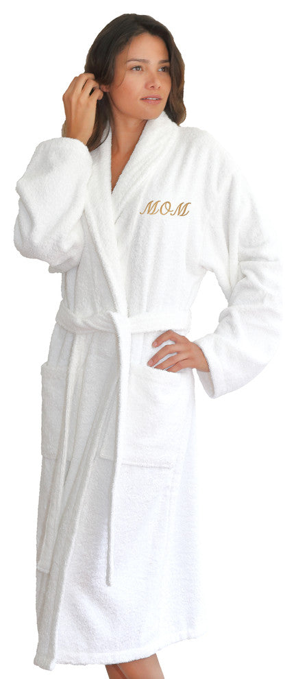 White Terry Bathrobe For Mom With Color Gold Embroidery, Small/Medium