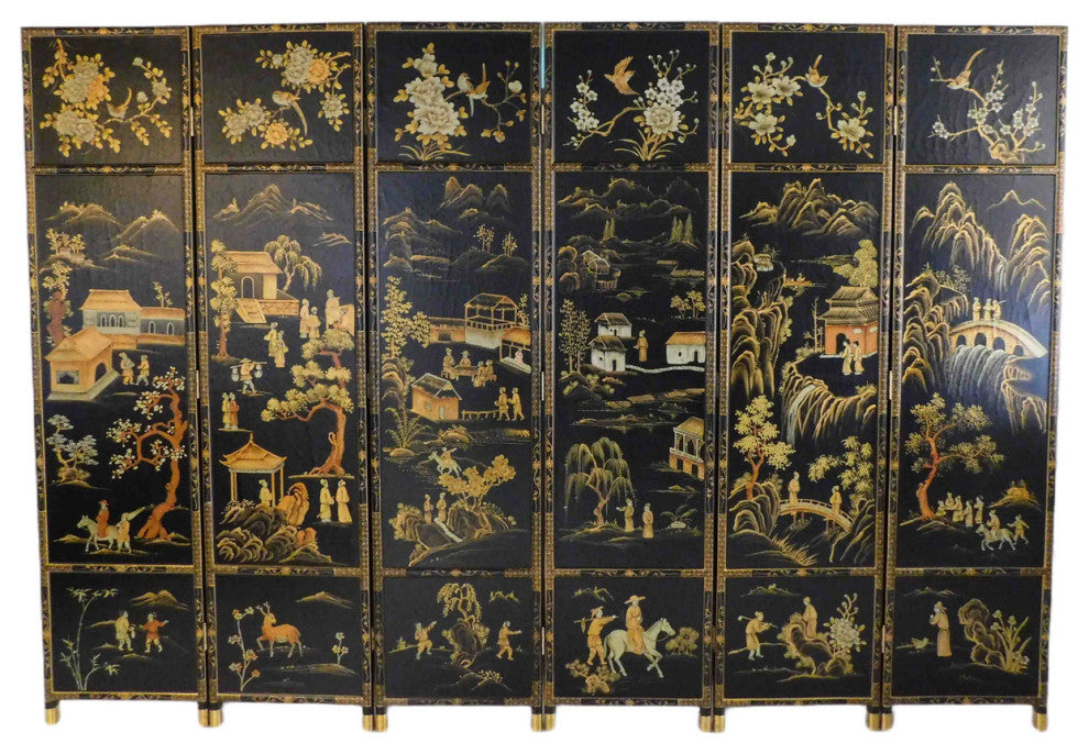 Oriental Folding Wooden Screen Chinese Landscape Painting, 6 Panels