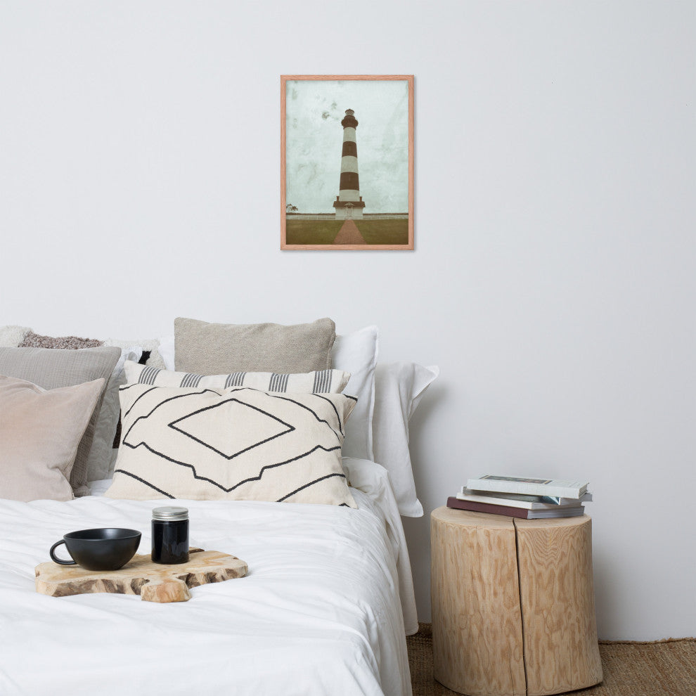 Aged Bodie Lighthouse Landscape Framed Photo Paper Wall Art Prints, Red Oak, 18" X 24"