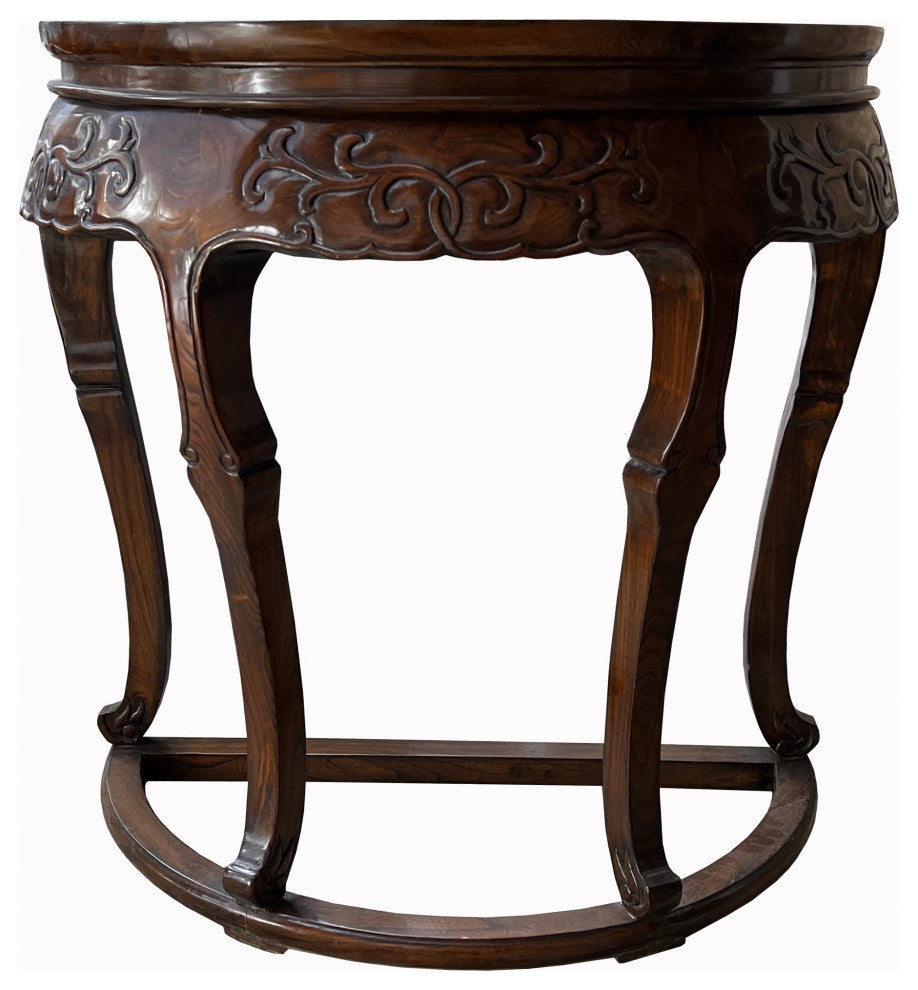 Vintage Chinese Brown Flower Carving Wood Half Round Pedestal Table Hcs7592
